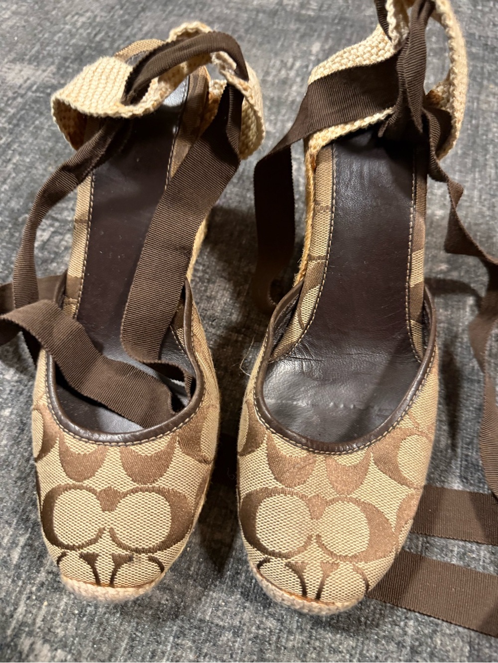 Coach Brown Signature Canvas Espadrille Wedges with Ankle Wraps